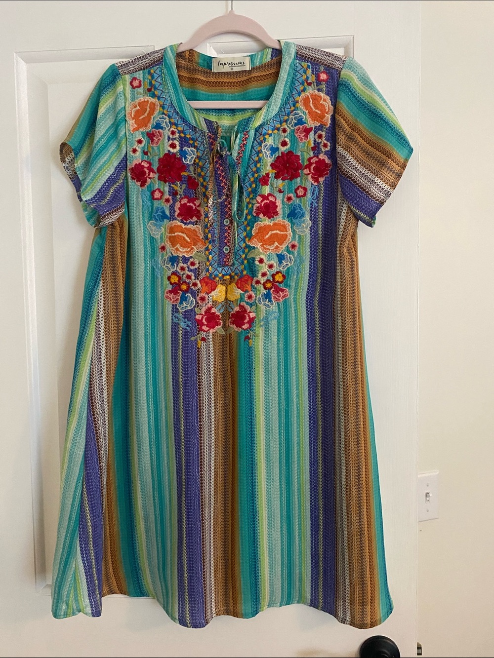 Impressions Striped Embroidered Teal, Turquoise & Orange Tunic Dress